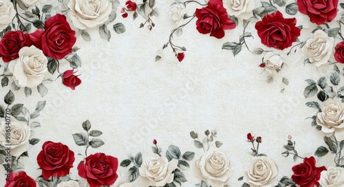Fototapeta Naklejka Na Ścianę i Meble -  Beautifully crafted white and red roses on a textured wall featuring intricate details and designs