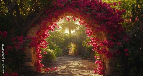 Bright bougainvillea blooms arching over a sunlit pathway in a tranquil garde...