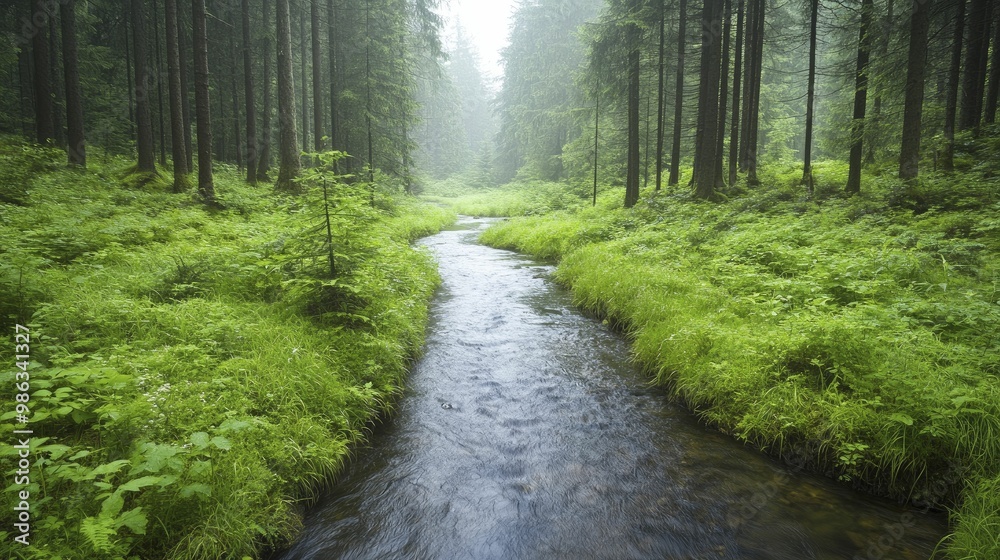 Serene Woodland Stream Flowing Through Lush Green Forest Under Dappled Sunlight, Inviting Tranquility and Natural Beauty in a Peaceful Outdoor Setting Serene Woodland Stream Flowing Through Lush Green Forest Under Dappled Sunlight, Inviting Tranquility and Natural Beauty in a Peaceful Outdoor Setting
