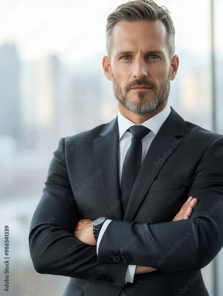Man in a sleek business suit standing with arms crossed, confident look at camera, modern city behind executive presence, European businessman Man in a sleek business suit standing with arms crossed, confident look at camera, modern city behind executive presence, European businessman