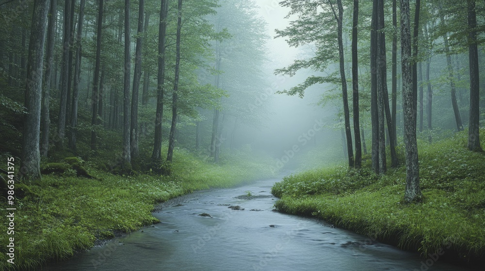 Fototapeta premium Serene Woodland Stream Flowing Through Lush Greenery, Capturing the Tranquility of Nature and the Gentle Sound of Water in a Peaceful Forest Setting