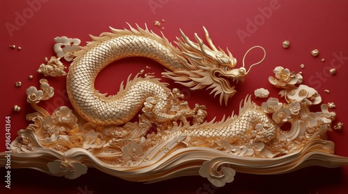 Golden dragon relief on a red background depicting cultural symbolism in trad...