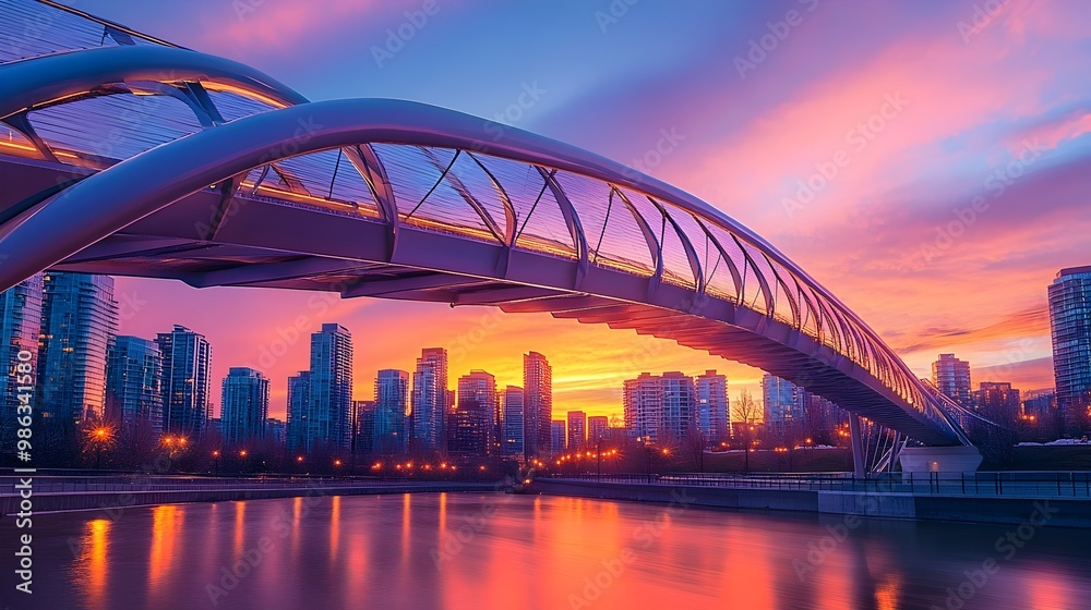 Naklejka premium Striking Architectural Bridge Spanning Glowing City Skyline at Vibrant Sunset