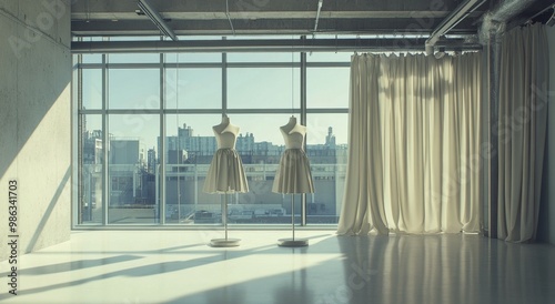 Elegant mannequins showcase simple dresses in a well-lit urban studio during ...