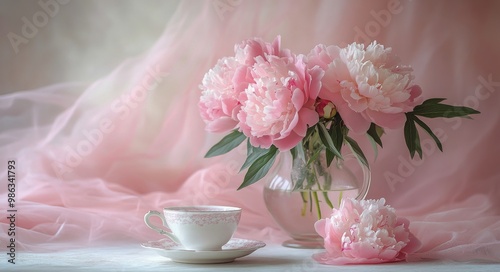 Delicate pink peonies in a vase beside an elegant cup on soft pink fabric in ...