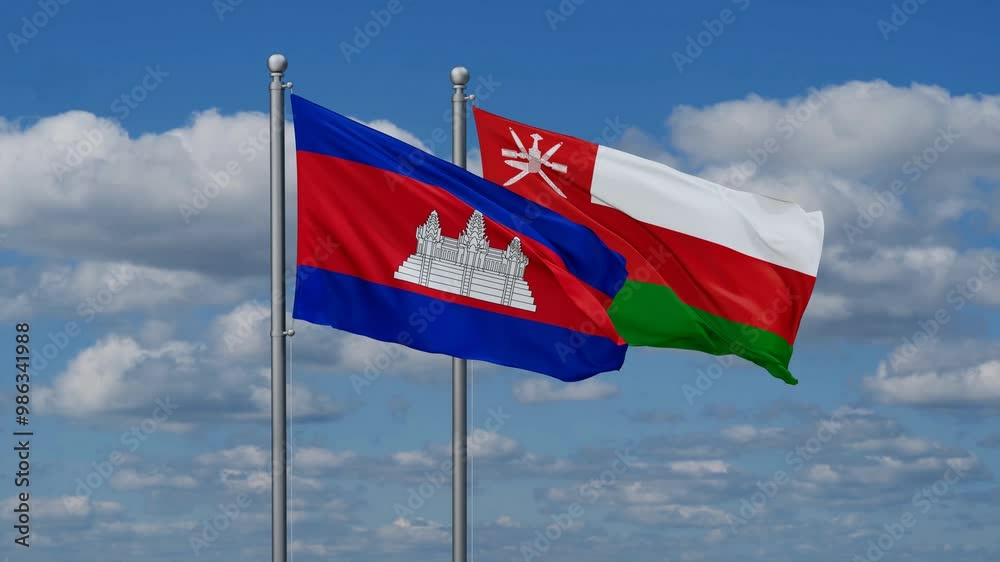 Oman and Cambodia flags flying together, video concept of the relationship, two country cooperation concept Oman and Cambodia flags flying together, video concept of the relationship, two country cooperation concept