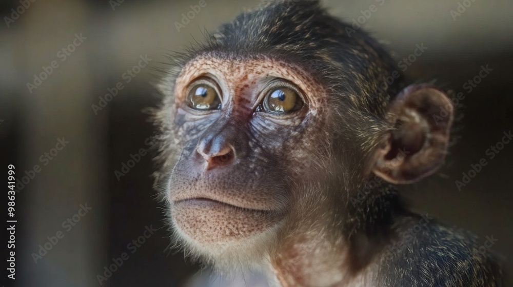 Curious baby monkey gazing softly with bright eyes in a natural habitat during the daytime Curious baby monkey gazing softly with bright eyes in a natural habitat during the daytime