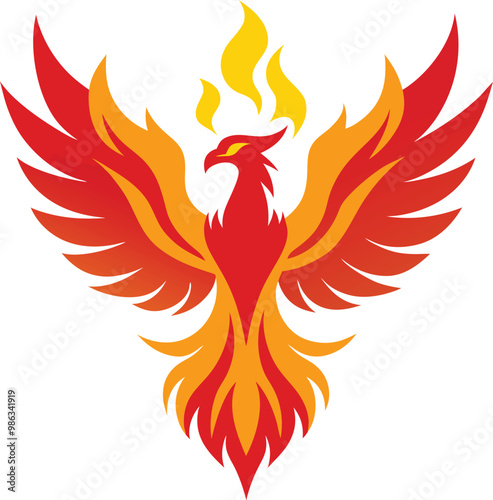 A phoenix rising from flames against a whit background