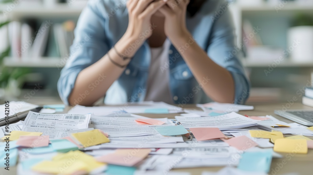 Person sitting at a desk overwhelmed by foreclosure paperwork, symbolizing the burden of housing debt mortgage debt, financial stress Person sitting at a desk overwhelmed by foreclosure paperwork, symbolizing the burden of housing debt mortgage debt, financial stress