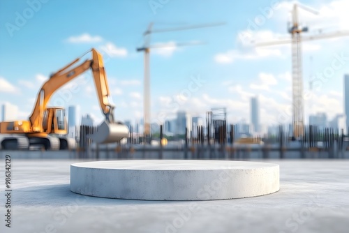 Industrial Concrete Podium for Heavy Duty Construction Equipment Showcase with Urban Skyline  for Advertising and Sale Promotion