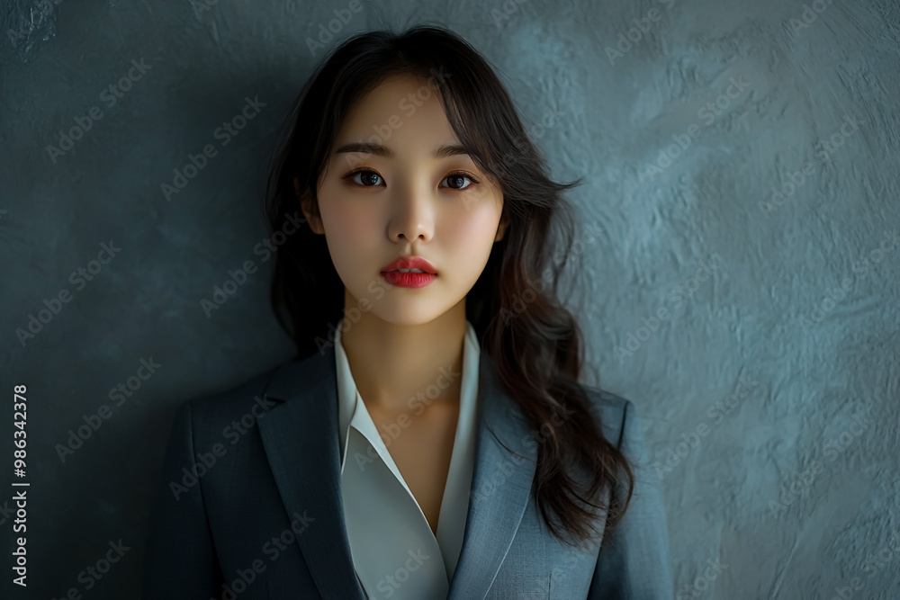 A stylish businesswoman in a suit, posing confidently against a gray wall.