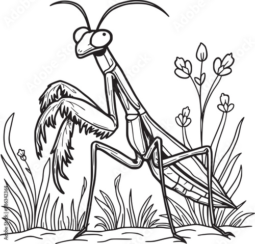 A delightful and simple coloring page featuring a Praying Mantis illustration 