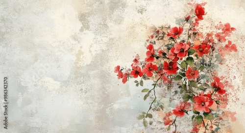Delicate red flowers bloom against a soft textured background in a serene art...