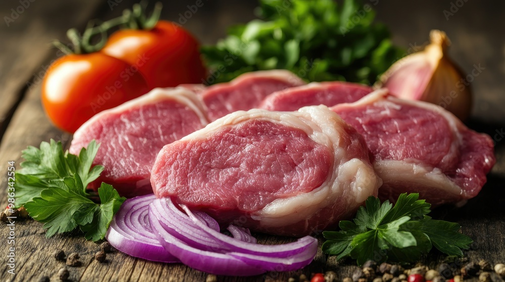 Raw pork steaks surrounded by fresh parsley, purple onion rings, and tomato slices, ready for cooking on a wooden surface Raw pork steaks surrounded by fresh parsley, purple onion rings, and tomato slices, ready for cooking on a wooden surface