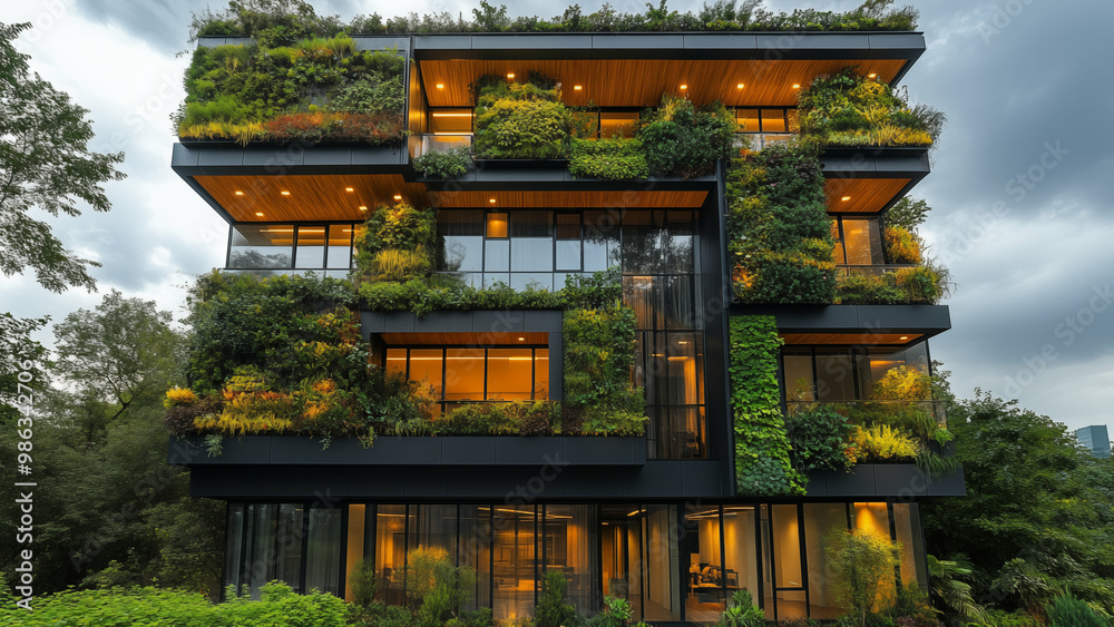 Modern eco-friendly building with lush vertical gardens. Concept of sustainable architecture and urban greenery Modern eco-friendly building with lush vertical gardens. Concept of sustainable architecture and urban greenery