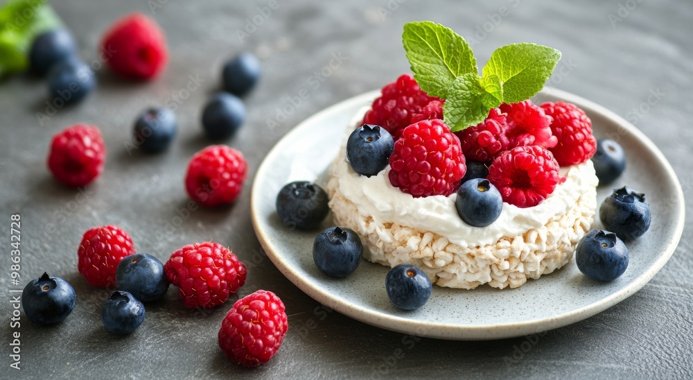 Fresh berries on a rice cake topped with cream and mint served on a gray background Fresh berries on a rice cake topped with cream and mint served on a gray background