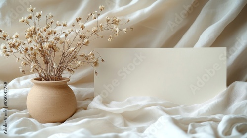 Minimalist still life with dried flowers and blank canvas on soft draped fabr...