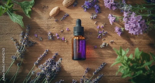 Lavender essential oil bottle surrounded by fresh lavender flowers on a woode...