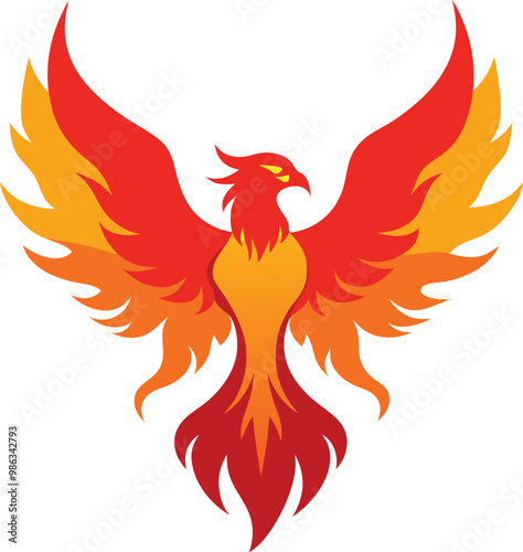 A phoenix rising from flames against a whit background