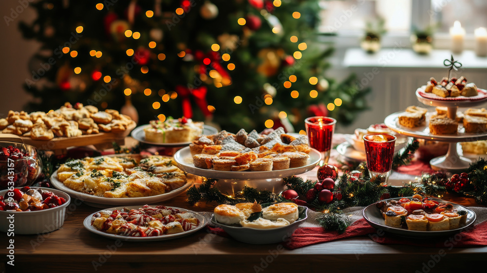 Christmas banner of dinner table full of dishes with food, baked chicken in center and assorted snacks Christmas banner of dinner table full of dishes with food, baked chicken in center and assorted snacks