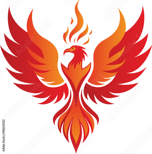 A phoenix rising from flames against a whit background