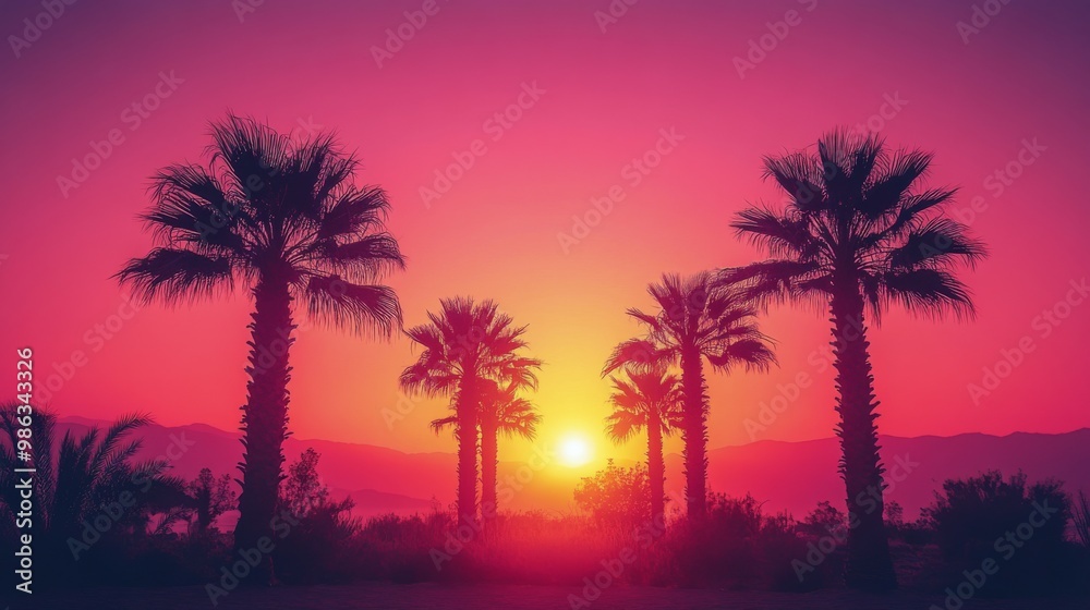 Obraz premium Vibrant sunset behind silhouetted palm trees in a desert landscape capturing serene beauty