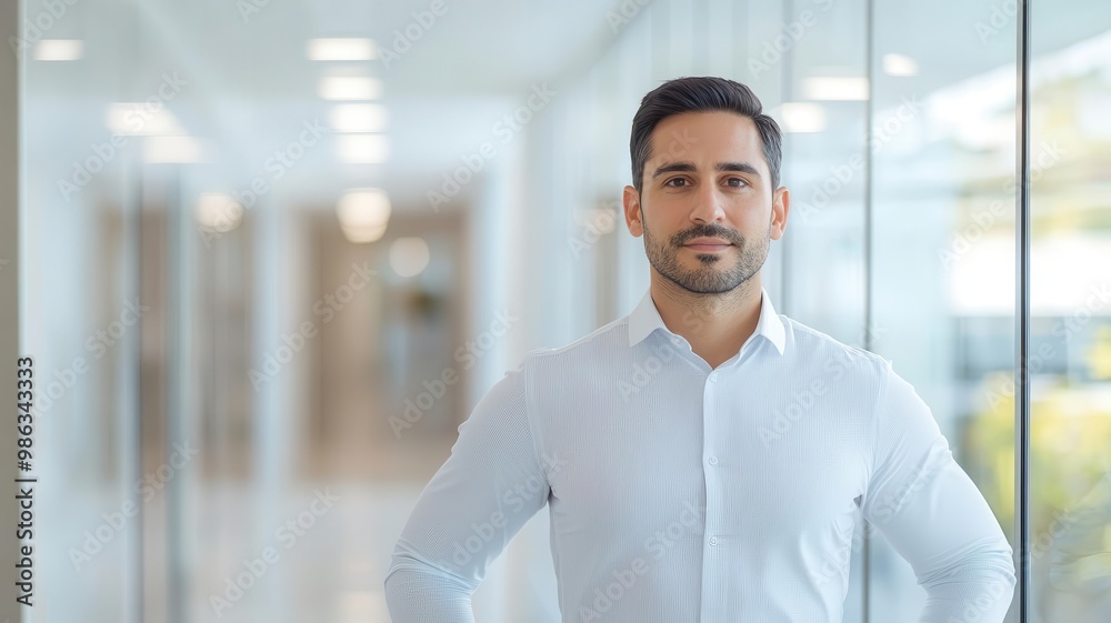 Professional standing in a modern office hallway, looking confidently into the camera, hands on hips corporate leadership, business presence Professional standing in a modern office hallway, looking confidently into the camera, hands on hips corporate leadership, business presence