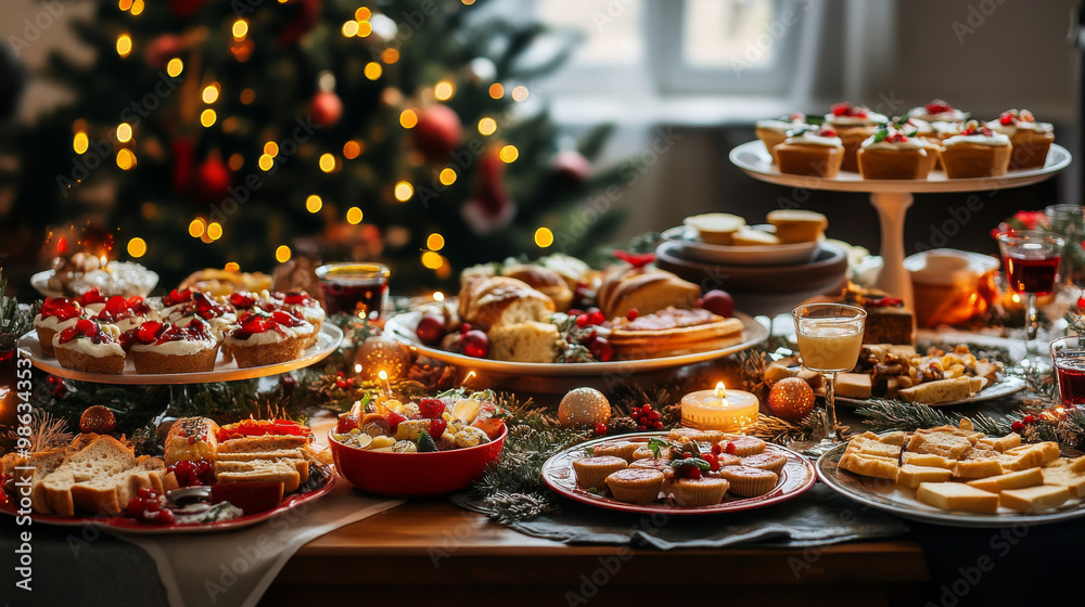 Christmas Dinner table full of dishes with food and snacks, New Year's decor with a Christmas tree on the background Christmas Dinner table full of dishes with food and snacks, New Year's decor with a Christmas tree on the background
