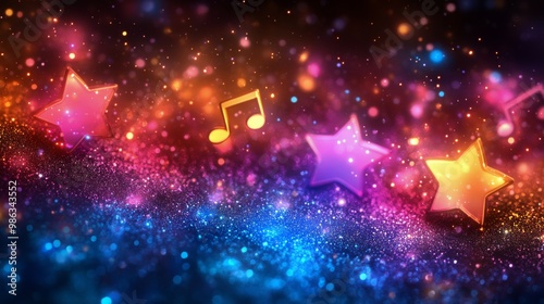 Colorful musical notes and stars floating over a sparkly background during a ...
