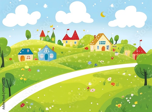 Cartoon Illustration of Green Hills and Houses