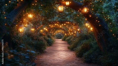 Enchanted forest pathway illuminated by warm lantern light during twilight hours
