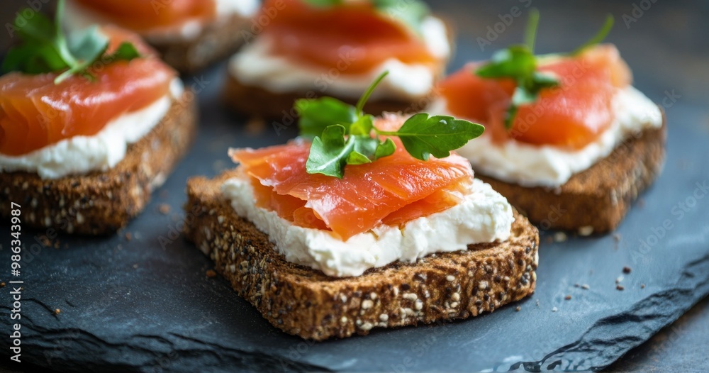 Delicious smoked salmon on rye bread with cream cheese and herbs arranged on a wooden table Delicious smoked salmon on rye bread with cream cheese and herbs arranged on a wooden table
