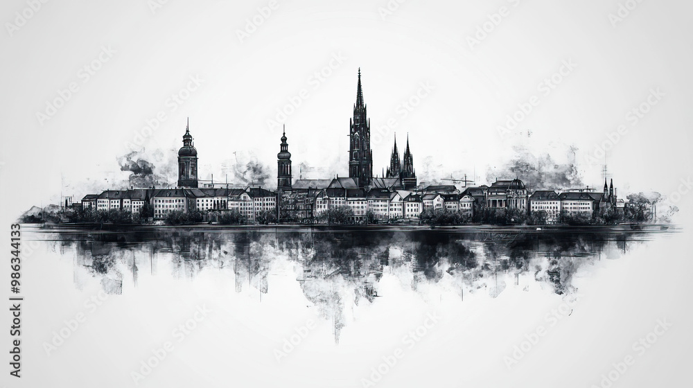 Naklejka premium Mannheim, Germany, black and white pen pencil hand-drawn effect drawing illustration for travel poster, card, wallpaper, backdrop or banner. Modern, clear, artistic and simple