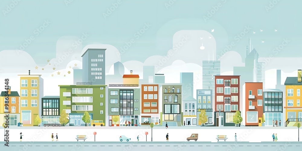 Cityscape Illustration with People Walking on the Sidewalk Cityscape Illustration with People Walking on the Sidewalk
