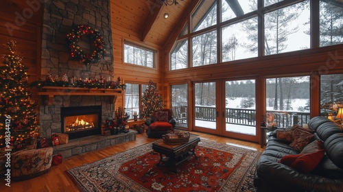Cozy living room decorated for Christmas with a fireplace and beautifully wra...
