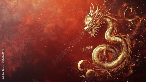 Golden dragon relief on a red background depicting cultural symbolism in trad...