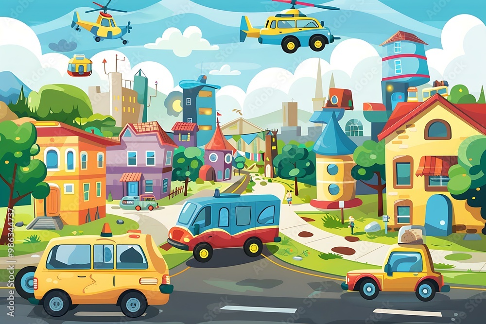 Naklejka premium Cartoon Cityscape With Colorful Buildings And Vehicles