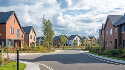 A modern housing estate in the UK, featuring new build homes with uniform architecture, neatly arranged in a suburban neighborhood.
