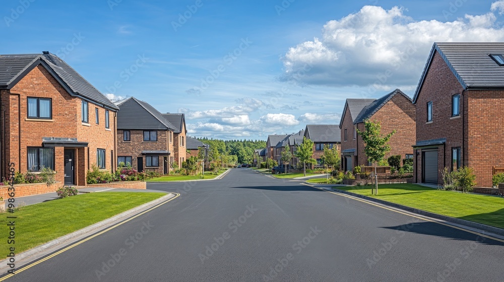 A modern housing estate in the UK, featuring new build homes with uniform architecture, neatly arranged in a suburban neighborhood. A modern housing estate in the UK, featuring new build homes with uniform architecture, neatly arranged in a suburban neighborhood.