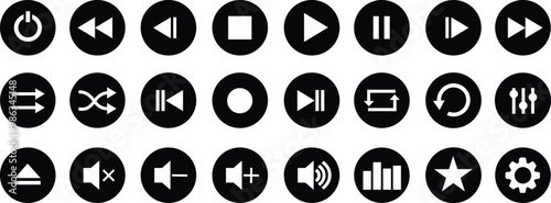 Media player flat icons set. Collection of multimedia symbols isolated on transparent background. Audio, volume, interface, design media player buttons. Play, pause, stop, record, forward, rewind.