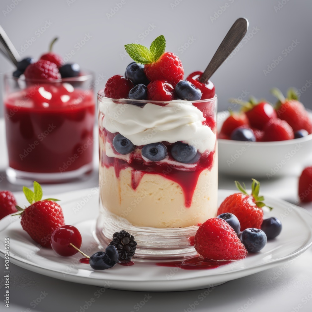 Berry cheesecake in a glass bowl and mason jar topped with fresh strawberries and blueberries. Berry cheesecake in a glass bowl and mason jar topped with fresh strawberries and blueberries.