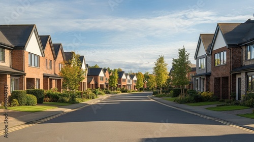 A modern housing estate in the UK, featuring new build homes with uniform architecture, neatly arranged in a suburban neighborhood.