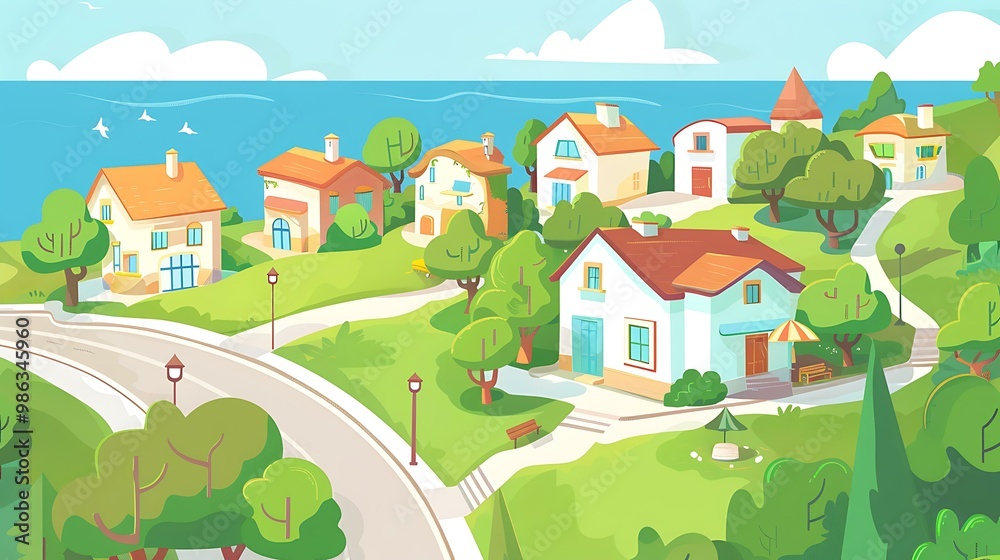 Fototapeta premium Cartoon Illustration of a Beautiful Seaside Village with Houses and Trees