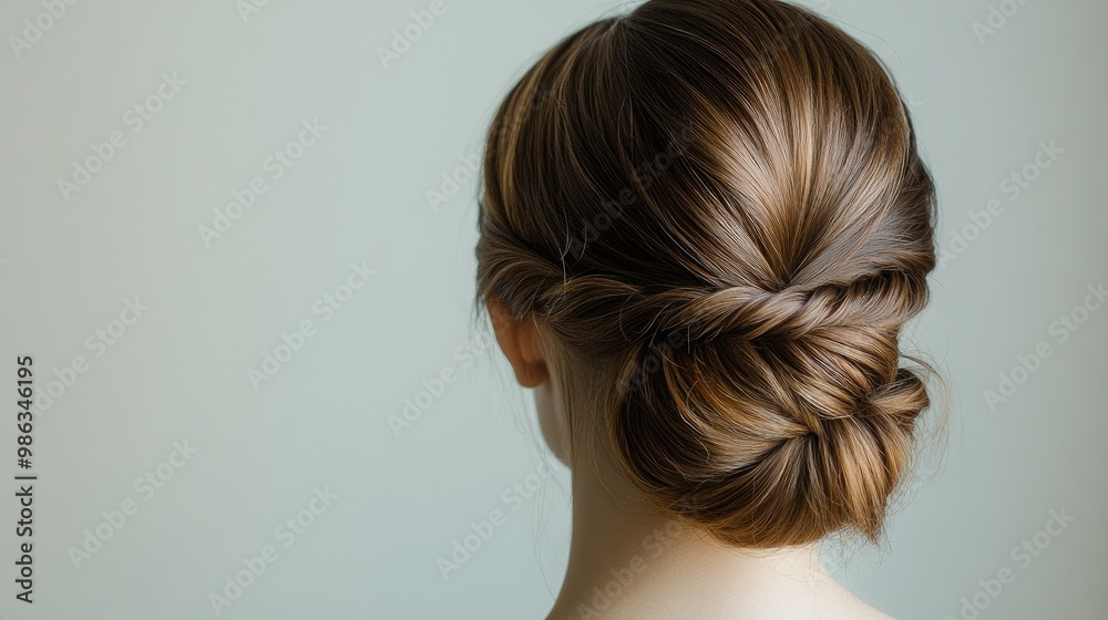 Tutorial shot of a simple yet elegant twisted bun hairstyle with a braid accent, perfectly styled long hair. Tutorial shot of a simple yet elegant twisted bun hairstyle with a braid accent, perfectly styled long hair.