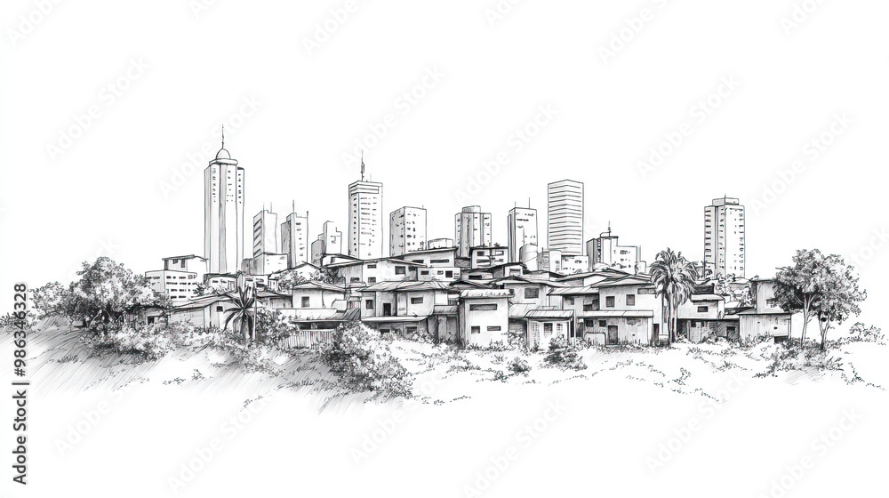 Obraz premium Masaka, Uganda, black and white pen pencil hand-drawn effect drawing illustration for travel poster, card, wallpaper, backdrop or banner. Modern, clear, artistic and simple