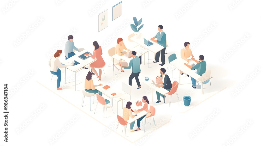 Isometric vector illustration of people in an office, working together at tables and desks, against a white background. Isometric vector illustration of people in an office, working together at tables and desks, against a white background.