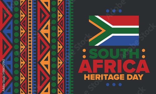 South Africa Heritage Day. Happy holiday. Celebrate culture and traditions of nation. South African flag. Poster with illustration. Pattern design. Vector