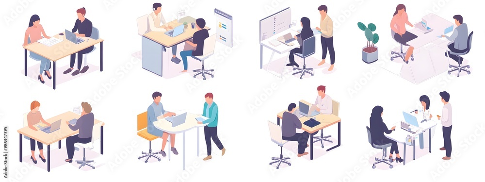 Fototapeta premium Isometric vector illustration of people in an office, working together at tables and desks, against a white background.