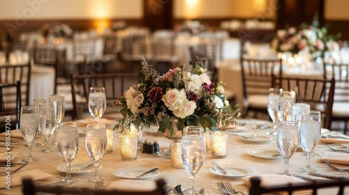 Wedding reception hall featuring beautifully arranged tables with floral arrangements and candles. A classic, elegant setup.