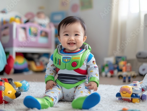 Cute baby smiling while dressed in a colorful space-themed costume surrounded by toys in a playful room.